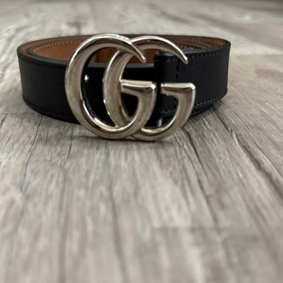 Gucci Black Leather Marmont Belt Silver Double G Italy Kid's Large - Picture 7 of 12
